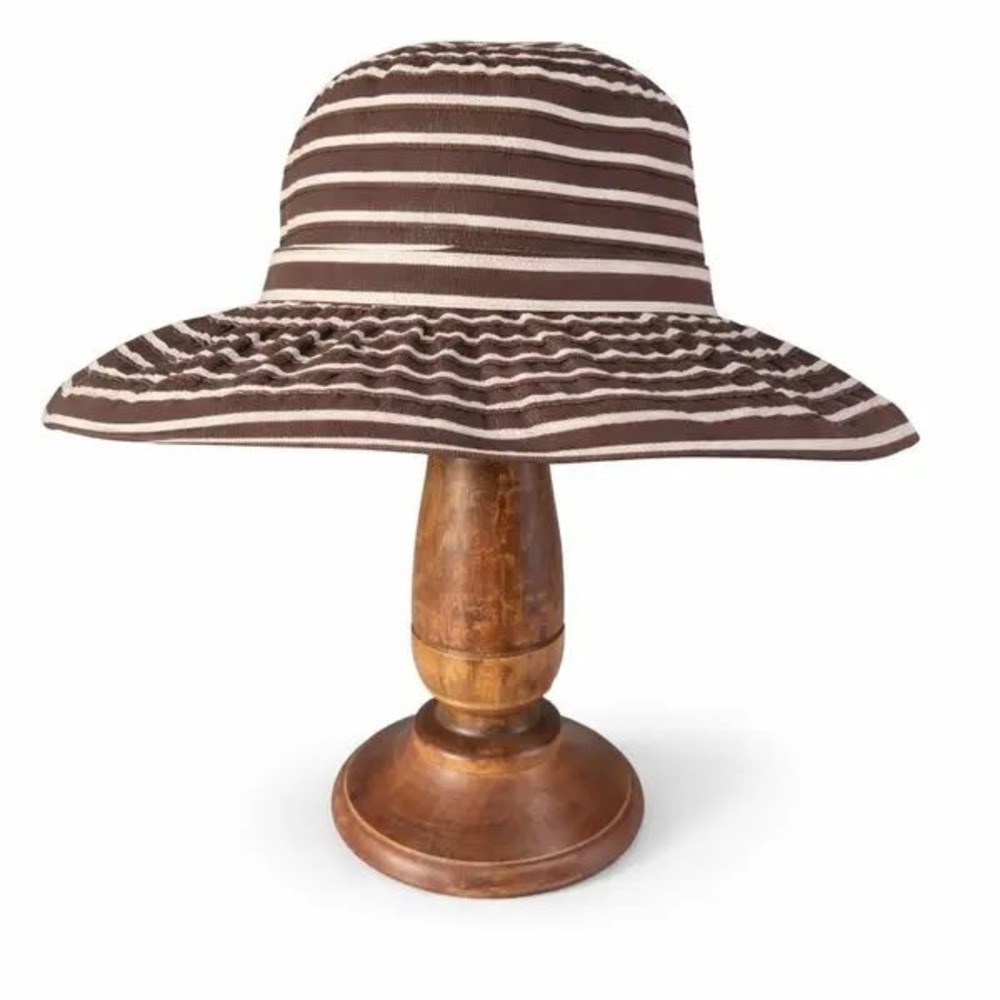 Kallina Sun Hat Brown White Striped Packable UPF‎ 50+ Wide Brim Resort Beachwear